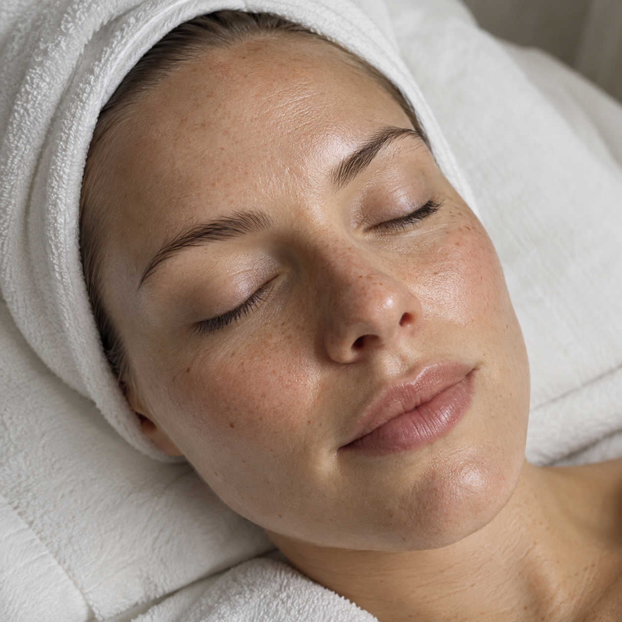 Close-up of relaxed skin while resting on a facial bed